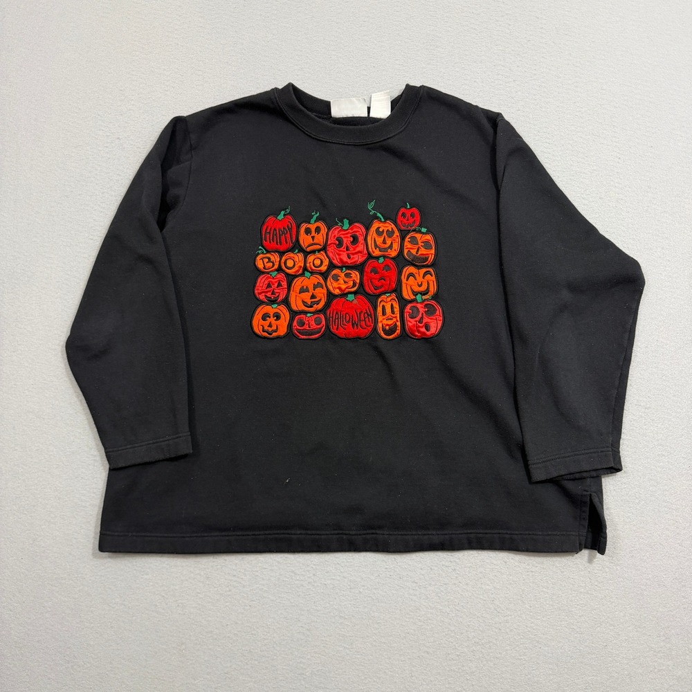 Vintage Basic Editions Sweatshirt Women 1X Black Halloween Pumpkins Embroidered